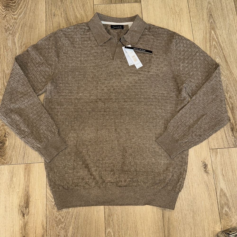 Tahari‎ Men's Collared Basket Weave Print Taupe Sweater Wool Blend Small NEW